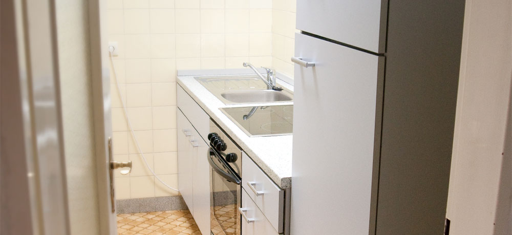Küchenzeile mit Kühlschrank, Herd und Spüle